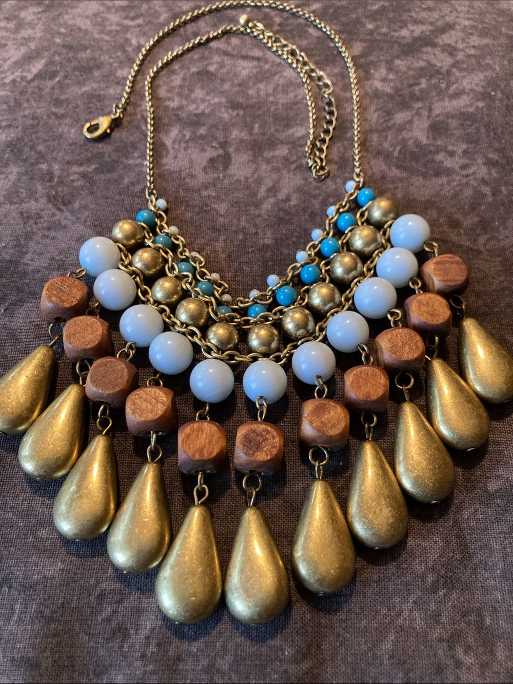Boho Statement Multi-Bead Drop Necklace - Gold, White, Aqua, Wood